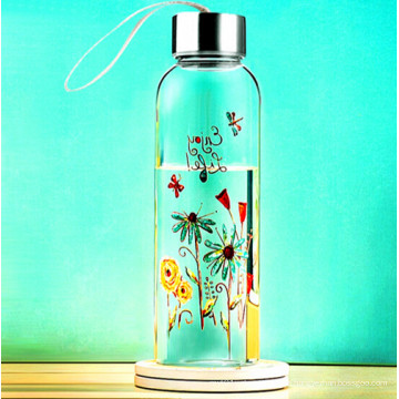 Schöne Blumen-Design Glas Wasserflasche mit Seil Geschenk Tasse Sport Glasflasche
